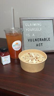 Oatmeal- banana nut with added almonds and raisins. Watermelon immunity booster.