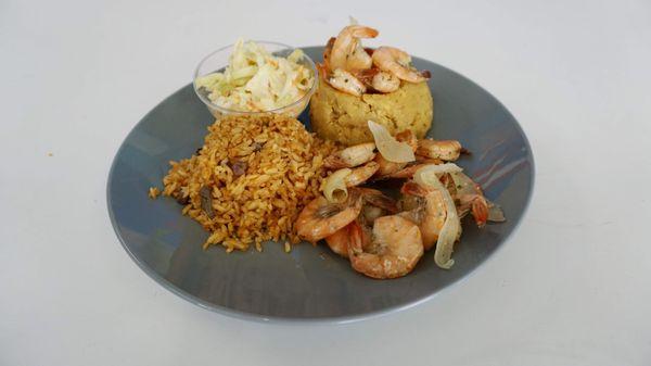 Our topical rice with gandules, mofongo with shrimp and cole slaw.