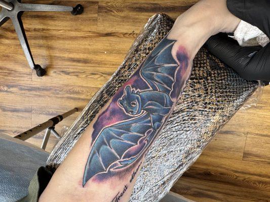 The top half of my tattoo.  A better picture of the head of Toothless.