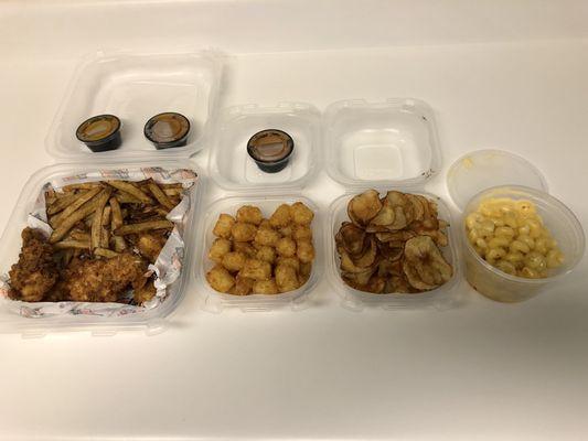 Delivery (left to right): Mama's Tenders (with fries), Mama's Tots, Mama's Housemade Chip's, and Mana's Mac & Cheese.