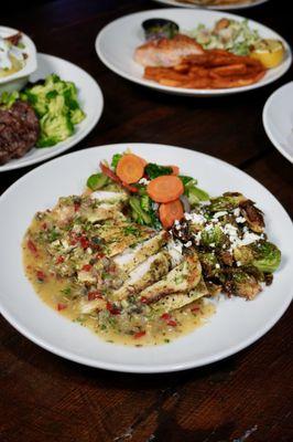 Chicken Forestiére with Caramelized Brussels and Mixed Veggies