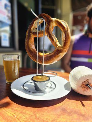 Post-run fuel : Giant pretzel, ice-cold local beer, and a chilled coconut--all at Salty Otter in downtown Santa Cruz. This hit different.