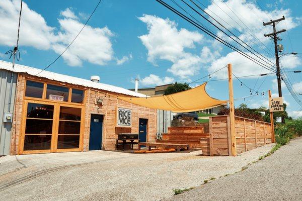 The outdoor seating and entry to Rice Vice sake bar