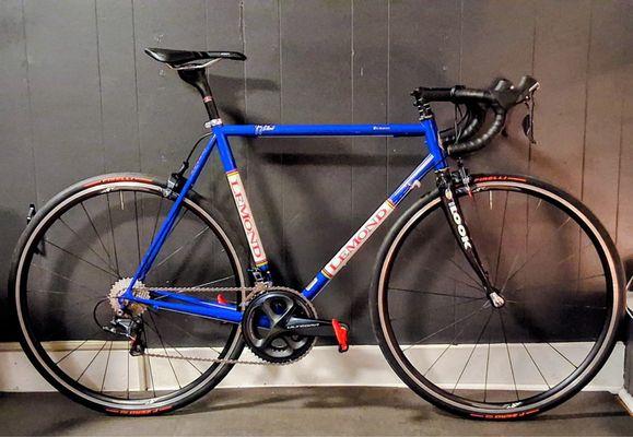 Lemond Zurich. Essentially picked off the scrap heap with a tire group set and wheels, and completely redone with full Ultegra.