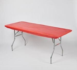 Red Long Plastic Elastic Table Cover (available for 6'x30 or 8'x30 Tables)  http://www.plastic-elastic-table-covers.com/apps/webstore