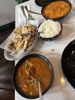 From the top, chicken tikka masala, Basmati rice, naan and mango chicken