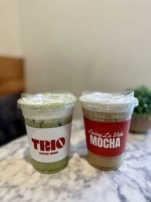 Iced Matcha Latte with Coconut Cold Foam and Iced Americano with Vanilla Cold Foam
