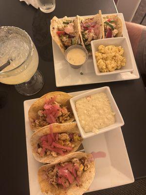 Mahi Mahi fish tacos with a side of risotto pictured at the bottom. Tacos Gringos tacos with a side of mac n cheese pictured at the top.