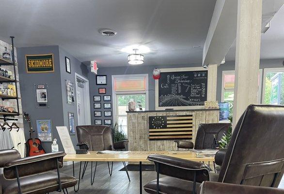 Waiting area. Betty Ross flag, ABSOLUTELY. 1776 memorabilia is not customer inclusive.