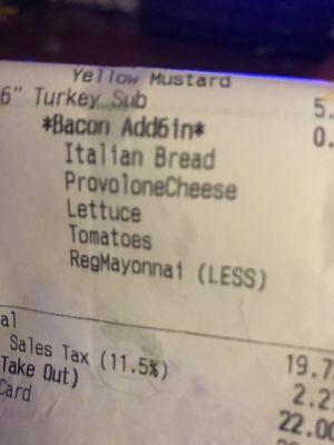 The receipt that does not say toasted for the turkey sub.