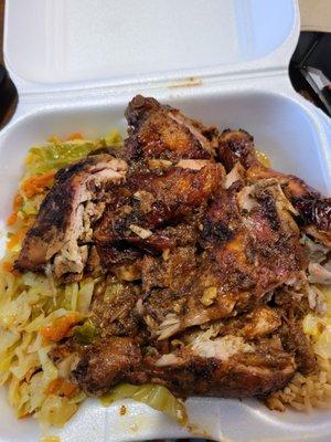 Jerk chicken, rice and peas , and vegetables