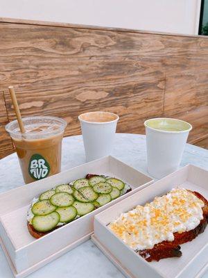 Ricotta toast, bagel toast, shaken matcha, Doheny latte, and dirty chai