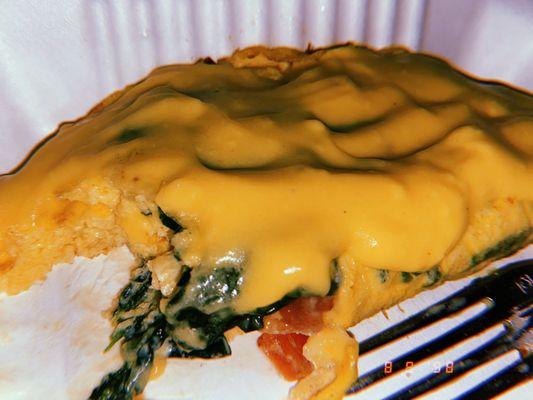 Omelet, with Peppers & Onions, spinach & tomatoes, no cheese, side of hollandaise w deep fried home fries and country toast