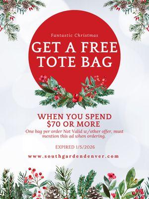 Happy Holidays! Come get your Free Tote bag today!