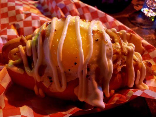 Ass Cobra - Get it with a meat sausage or a vegan dog as I elected. Fried udon noodles , vegan dog, over easy egg, teriyaki,  Japanese mayo.