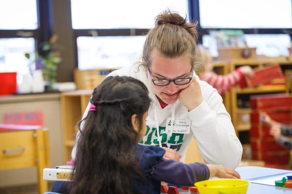 Helpful college students from 7 area universities/colleges spend time in our classroom for coursework learning about children and assisting.