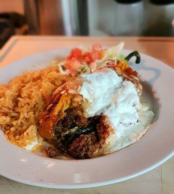 Stuffed poblano pepper lunch special (plated at home)