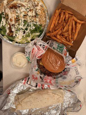 Quarter chicken platter, peri peri wrap, kids cheeseburger and fries.