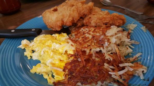 comfort food - pork tenderloin, eggs, hash browns