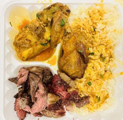 Braised pork belly, rice, and Brazilian steak