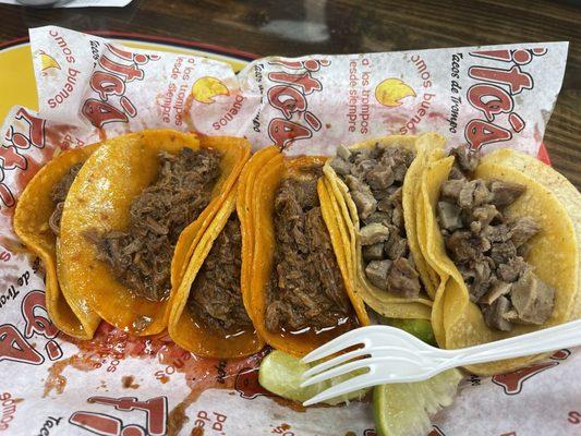 Four Birria and two lingua tacos