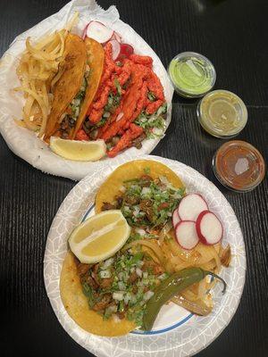 Quesabirria, flamin hot tacos and al pastor tacos