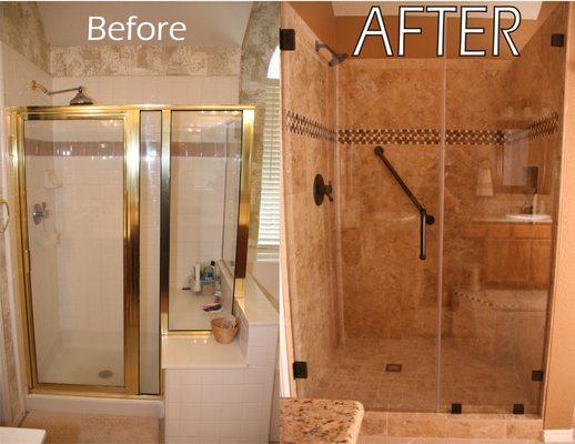 Remodeled shower. From outdated white-gold to seamless glass, modern ceramic tile, updated fixtures, tile flooring and built-in sower seat