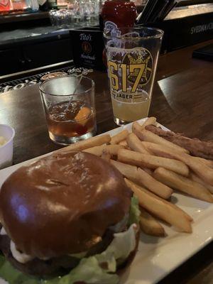 Pickle burger and drinks