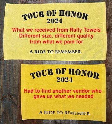 After discussing how important the size and quality was, they gave us something totally different....even though their invoice was correct.