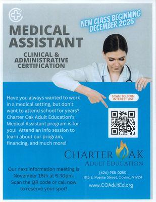 Next Medical Assistant info night is 11/18. Scan the QR code to RSVP to attend.