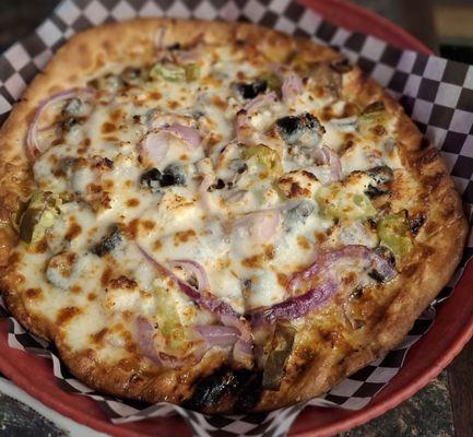 Grilled Greek Pizza- red onions, mushrooms, black olives, pepperoncini, mozzarella, feta, oregano and a drizzle of olive oil.