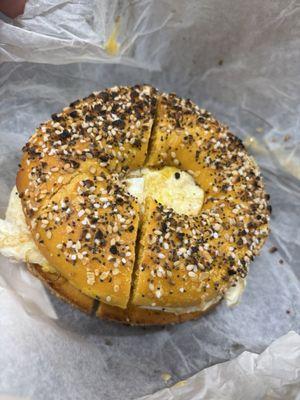 Sausage egg and cheese on an everything egg bagel. Eggs were cooked perfectly!