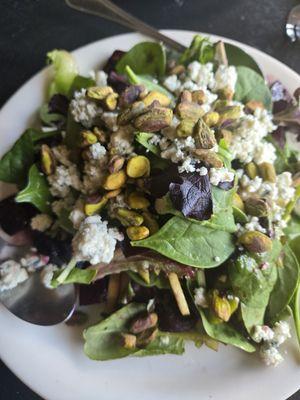 spinach salad, garbanzo beans, feta cheese, touch of pistachio