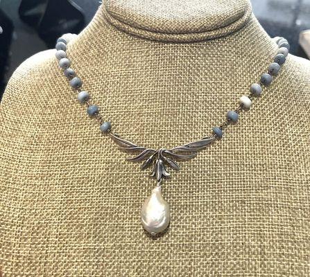 Blue Oregon opals with sterling and soufflé pearl pendant