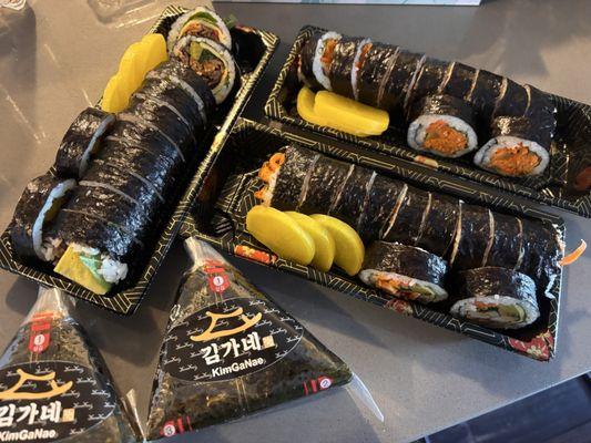 spicy tuna, squid, & spicy bulgogi kimbap rolls; spicy tuna samgak kimbap