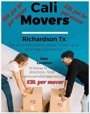 Cali-Movers Summer Movers Specials $30. Per Hour - Per Mover.