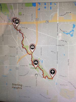 End points marked with arrows with a few choices of where to park to pick up the trail.