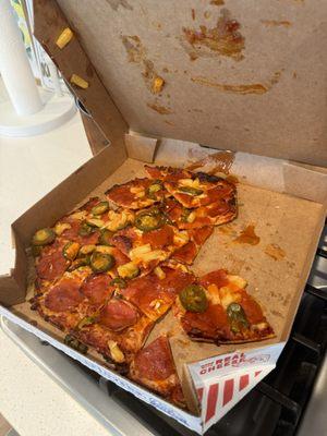 Quality is great. Have had great service. Today unfortunately this is how one of my pizzas arrived.