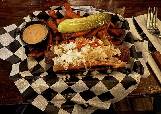 The Classic w/Impossible Brat and sweet potato fries