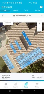 Panel layout on my roof with Enphase Enlighten graphics showing power generated for each panel.