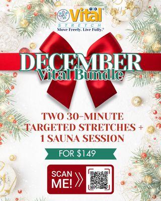 Holiday Vital Bundle - Only $149!
2 Targeted Assisted Stretch Sessions
1 Red Light Sauna Session
Perfect for staying loose, pain