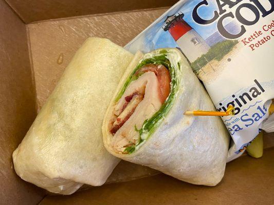 Turkey Club, fresh and tasty. You can get other types of bread. Comes with chips