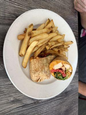 Buffalo chicken wrap and fries