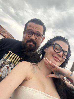 My husband and I with our new glasses thank you to Zach