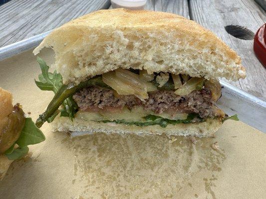 Cheeseburger with added roasted poblano peppers.