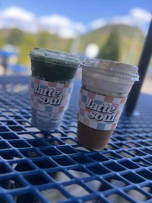 White chocolate raspberry mocha & a matcha