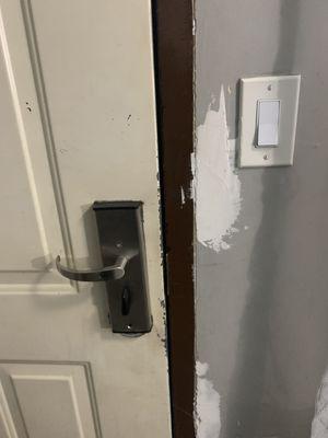 The lock was stuck and wouldn't move couldn't lock the door from the inside. super unsafe. (Also how gross is the wall???)