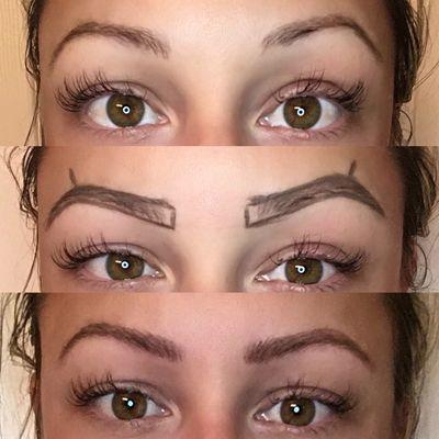 Before, outline of new brows, and after microblading.