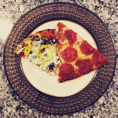 Veggie and classic pepperoni on regular crust