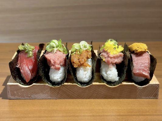 Tuna Hand rolls: Tuna wasabi, negitoro, spicy tuna, torotaku, fatty tuna and uni